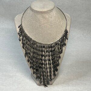 Statement Silver-Tone Layered Leaf Fringe Necklace 16 Inch Boho Chic Jewelry